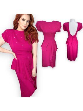 Vintage 80s TD4 by Eletra Fuschia Peplum Bedazzled Cocktail Midi Dress XS